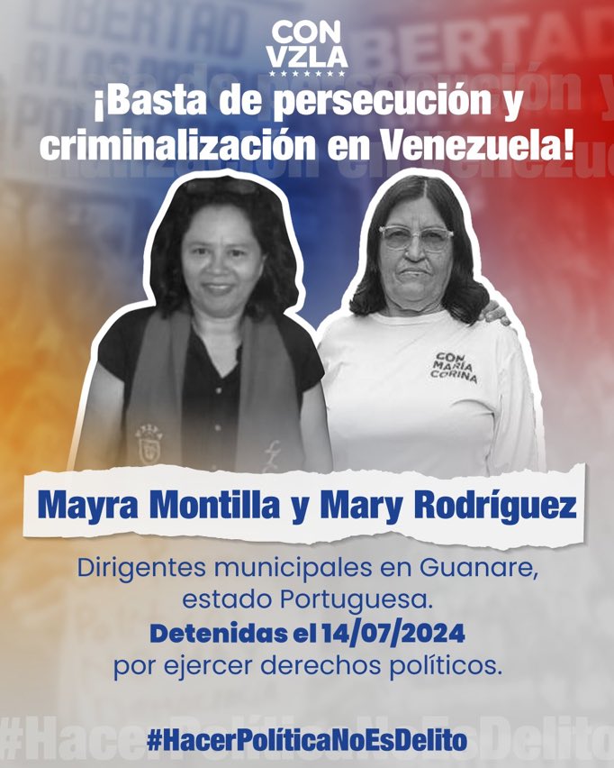 EmaFigueroaC's tweet photo. ALERTA: Más de 24 horas desaparecidas tienen nuestras compañeras de lucha Maura Montilla y Mary Rodríguez, ambas dirigentes de Vente en #Guanare. La tiranía entró a sus casas a la fuerza, se las llevaron sólo por querer un cambio en #Venezuela. https://t.co/ROmCKHMmO0
