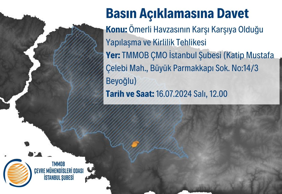 Ömerli Havzası'nda yapılması planlanan ve İstanbul'un en önemli su kaynağı için tehdit oluşturan Biyoteknoloji İhtisas OSB Projesi ile ilgili gerçekleştireceğimiz basın açıklamasına tüm basın organlarını, meslek odalarını, çevre ve kent örgütlerini davet ediyoruz.
