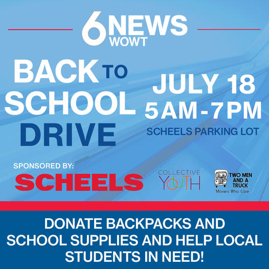 The #BackToSchool Drive is happening on July 18 in the north parking lot of <a href="/SCHEELS/">SCHEELS</a> from 5am-7pm!

Stop by &amp; donate some much-needed backpacks &amp; school supplies! Donations go to students throughout the metro area. 🎒

6 News WOWT will also be there.

<a href="/CFYOmaha/">Collective for Youth</a> <a href="/TwoMenAndATruck/">TWO MEN AND A TRUCK®</a>