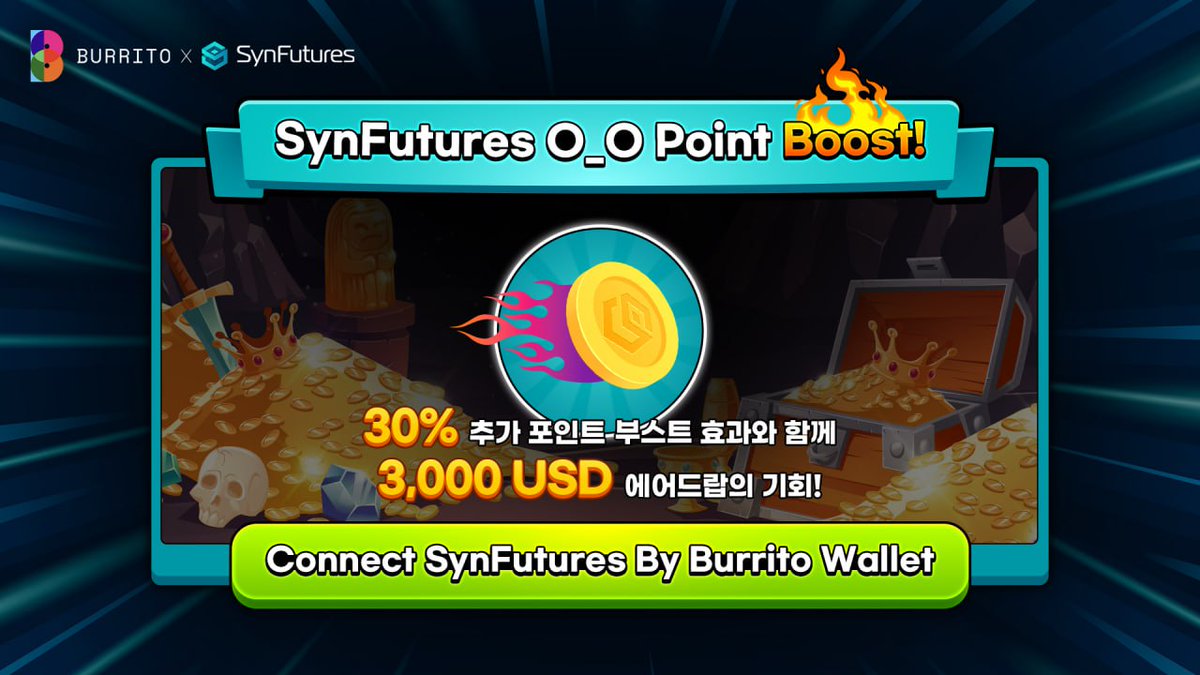 SynFutures (@synfuturesdefi) on Twitter photo Join the Burrito X SynFutures campaign! ๐ฏ ๐
Complete tasks on the <a href="/BurritoWallet/">BurritoWorld KR</a> app from July 17 to August 16 for a chance to win from a 3,000 USDC prize pool! ๐
Get an extra 30% point drop for a week by connecting your Burrito wallet through its exclusive Oyster Odyssey Join the Burrito X SynFutures campaign! ๐ฏ ๐
Complete tasks on the <a href="/BurritoWallet/">BurritoWorld KR</a> app from July 17 to August 16 for a chance to win from a 3,000 USDC prize pool! ๐
Get an extra 30% point drop for a week by connecting your Burrito wallet through its exclusive Oyster Odyssey