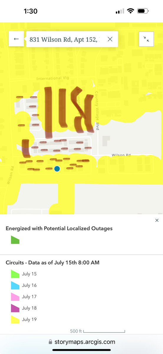 ImJustMee's tweet photo. @CenterPoint  the problem is that now my area is yellow the other day its date was for Wednesday now it is for Friday. I live near the Wilson rd the rest of my apartment complex and area in brown has fucking power just not the back end. Fucking fix it and stop pushing the date. https://t.co/li2HhIuhRS