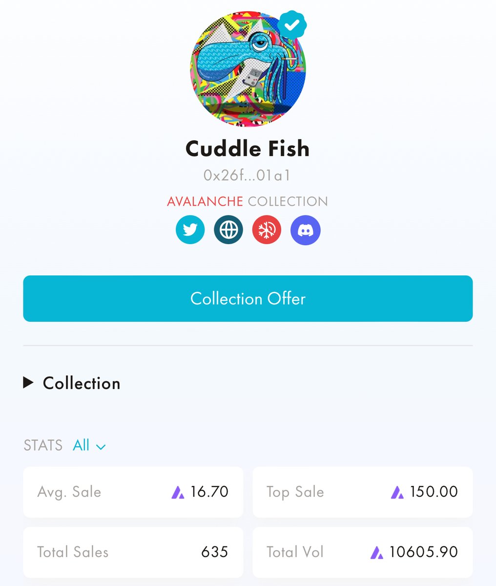 👁️🐙👁️GM 👁️🐙👁️

Last week my <a href="/CuddleFishNFT/">The Cuddle Fish Project</a> art project surpassed 10600 #AVAX in total volume. I am continually grateful for the support from everyone as I have continued to explore the concepts around this work! 

Look out for the drop this week 👀