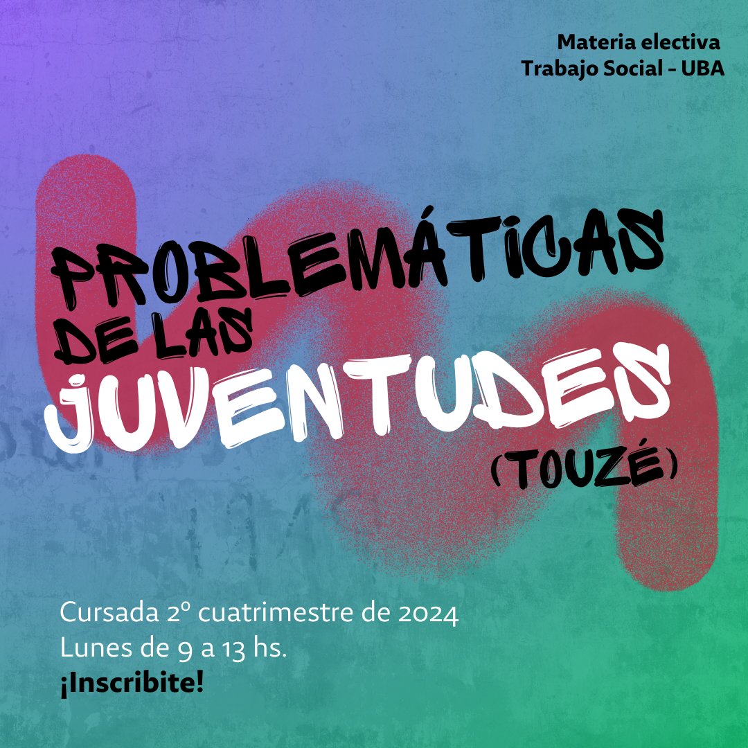Recomendamos mucho esta materia electiva de #TrabajoSocial #UBA, organizada por integrantes de nuestro equipo 🧡

✍️ Inscripciones: 18 y 19 de julio para el 2º cuatrimestre en el SIU Guaraní de Cs. Sociales.

📧 juventudes.uba@gmail.com