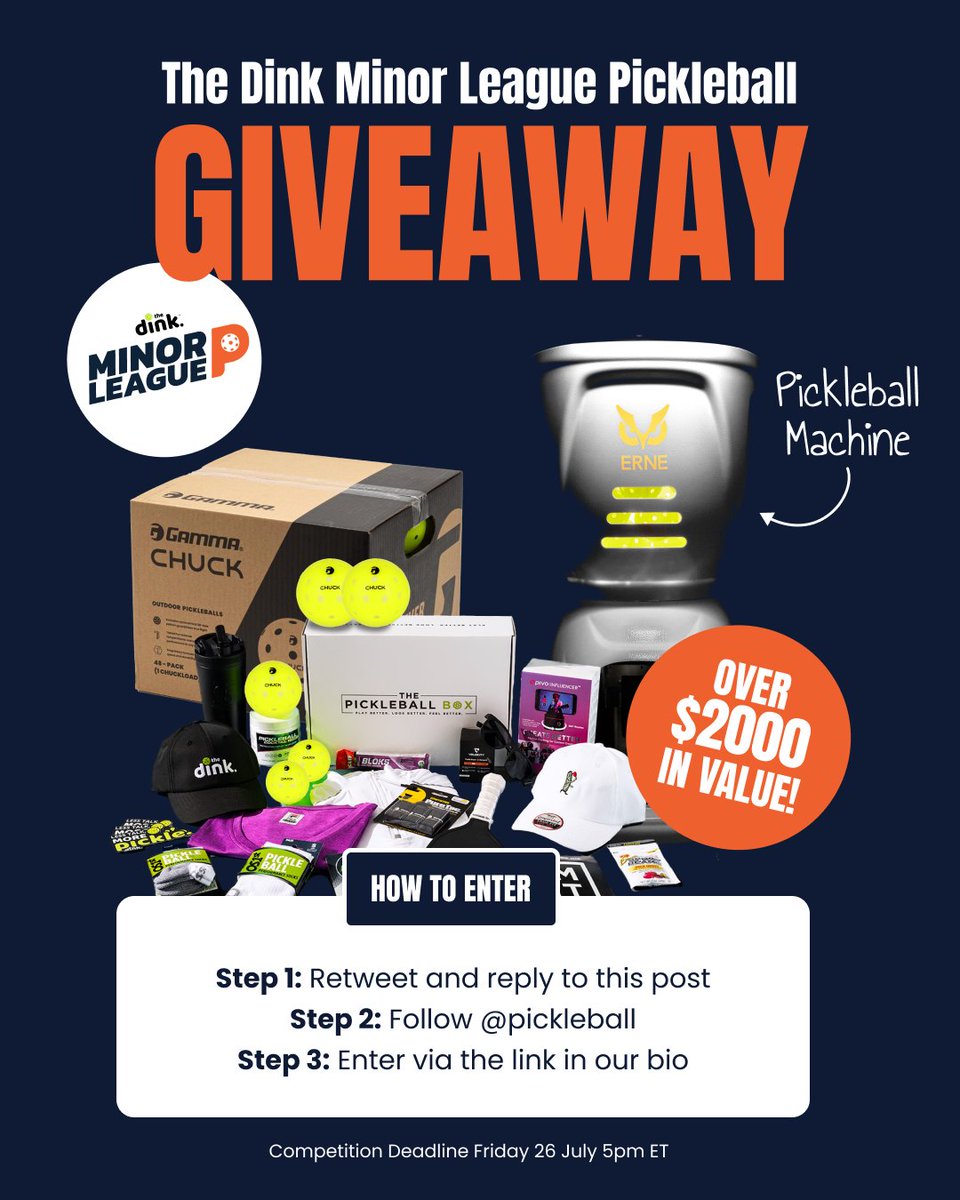 🚨GIVEAWAY: $2000 of Pickleball Equipment! 🚨

WIN
🏅 Ernie Pickleball Machine
🏅 48 Gamma Chuck Balls
🏅 Pickleball Box from The Dink
🏅 Free Entry to a Minor League Regionals Event

ENTER
1️⃣ Follow @pickleball  
2️⃣ Retweet &amp; reply to this post
3️⃣ Hit the link in our bio to