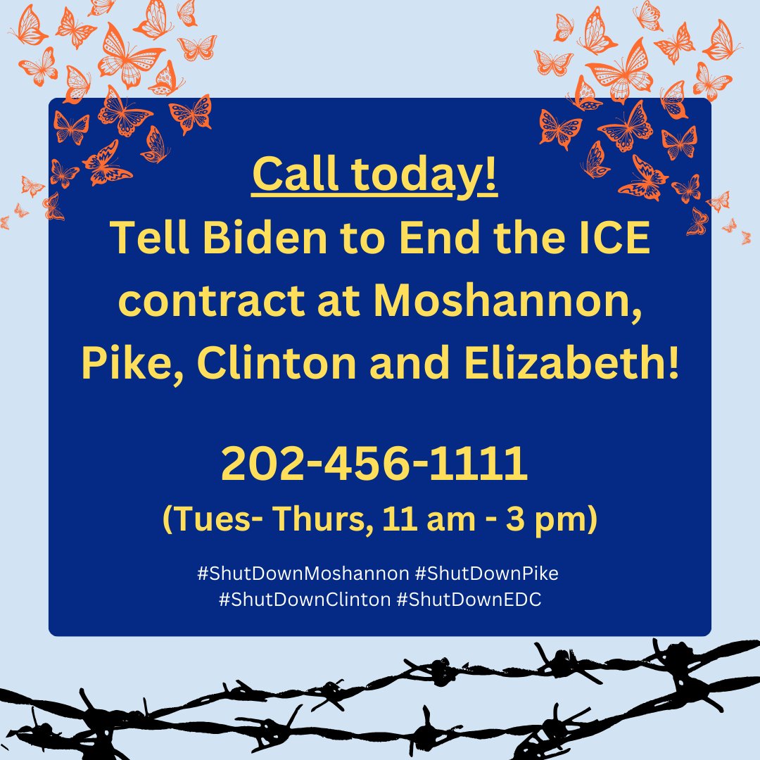 PAimmigrant's tweet photo. President Biden, stop the abuses. Act now!
Call 202-456-1111
(Tues-Thurs, 11 am - 3 pm)
#ShutDownMoshannon #ShutDownPike #ShutDownClinton #ShutDownEDC https://t.co/uGB3qcL38a