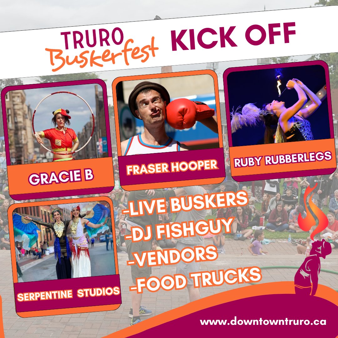Truro Buskerfest is less than a month away! Check out this amazing line up we have in-store for you. 

Get ready for an unforgettable experience filled with mesmerizing acts, delicious food trucks, unique vendors, thrilling axe throwing, and much more. Don't miss out!