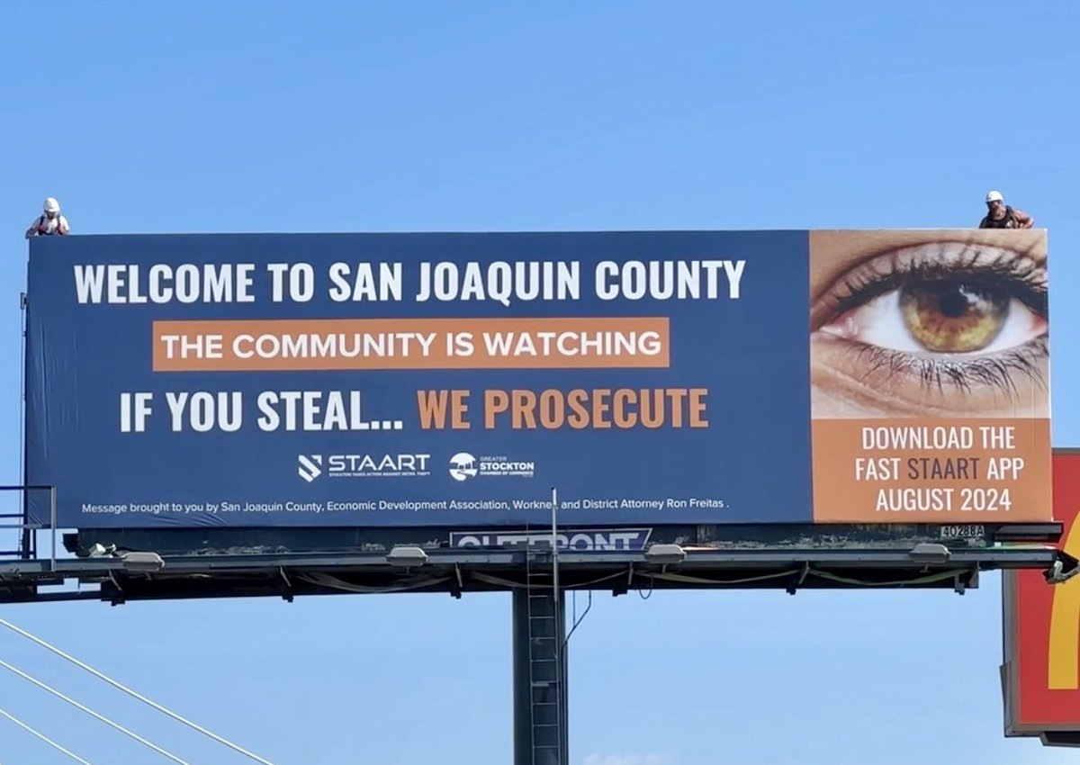 kevinjlincoln's tweet photo. Retail theft will not be tolerated in Stockton.

This morning, the Stockton Takes Action Against Retail Theft (S.T.A.A.R.T.) Program launched 20 billboards throughout San Joaquin County, making our collective message clear: “The community is watching. If you steal, we prosecute.” https://t.co/xHFxfqOf7A