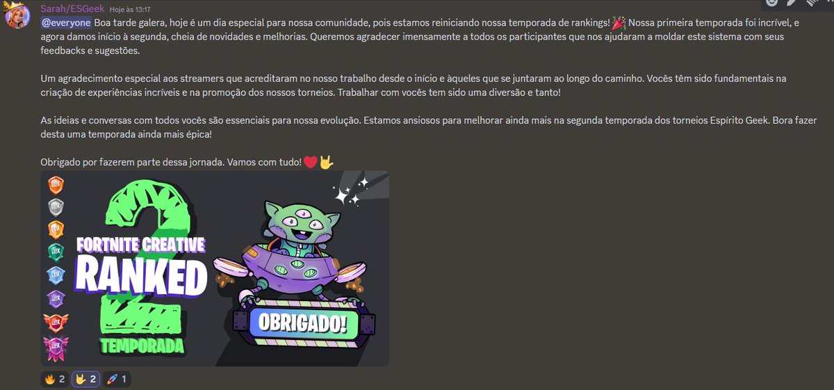 Temporada oficialmente resetada! Valeu galera pela participação de todos vocês e vamos de NEXT >>>
discord.gg/uuC3fBcXZ8