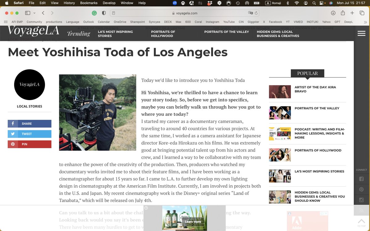 Very honored to be featured in a magazine, Voyage L.A. I holistically speak of my career path and works. Pls, take a look at the interview!  voyagela.com/.../meet-yoshi…　Voyage L.A.という雑誌でインタビューして頂きました。よろしければご覧くださいませ！