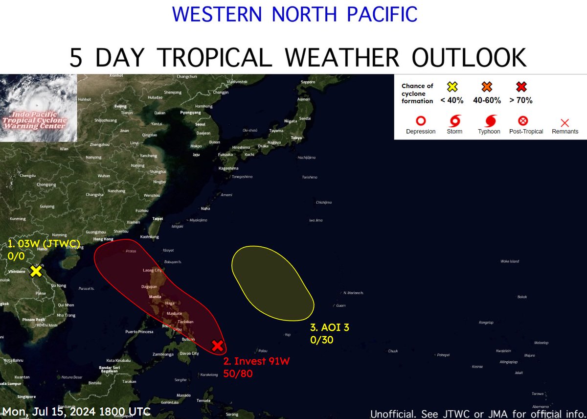 IPTCWC's tweet photo. Western North Pacific Tropical Weather Outlook: 3 areas of interest are being monitored by IPTCWC, with #03W (JTWC) moving further inland and not expected to develop / Invest #91W likely to develop later this week as it passes through the #Philippines. Click for more info below. https://t.co/0DRr223cDQ