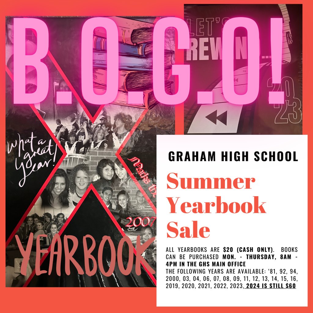 Yearbooks are now Buy One Get One Free. Do not miss this chance to capture your high school memories from the past!