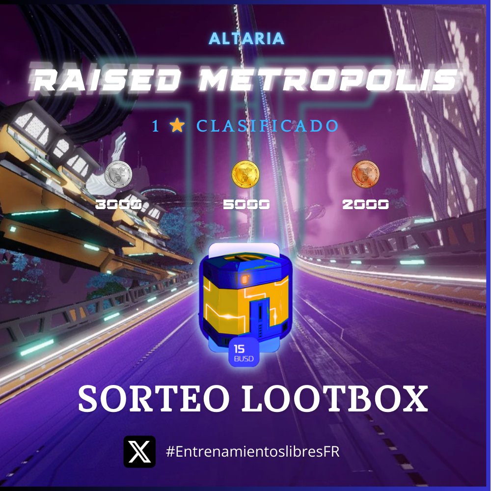 Pista semanal en <a href="/Racerloop/">Racerloop 🚀</a> 🚀

⏫ Sube foto con tus mejores tiempos con el hashtag #EntrenamientoslibresFR

1⭐️ Clasificado semanal para la #FórmulaRacer 🏁
⏱️ 5000, 3000, 2000 (Iron) a los mejores tiempos.
🗺 Pista Altaria: Raised Metropolis
🚀 Nave: Looper (Sin mejorar / Rank