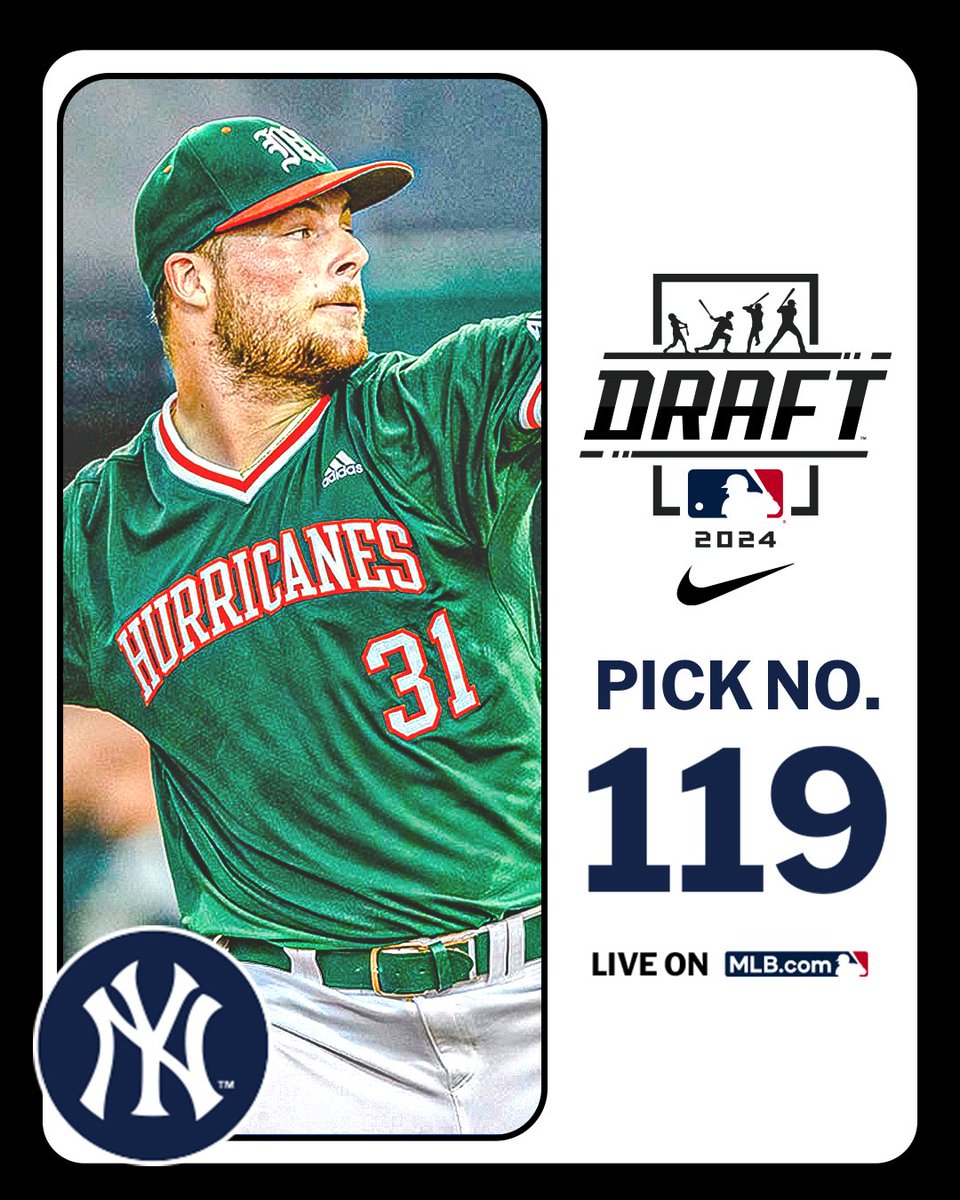 With their 4th-round pick (No. 119 overall), the <a href="/Yankees/">New York Yankees</a> select <a href="/CanesBaseball/">Miami Hurricanes Baseball</a> right-handed pitcher Gage Ziehl, No. 89 on the Top 250 Draft Prospects list.

Watch LIVE: atmlb.com/3zJ3gua