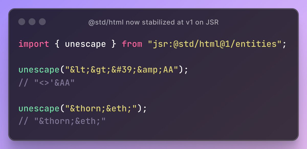 deno_land's tweet image. std/html, utilities for working with HTML (e.g. escaping, unescaping), is now stabilized at v1.0.0 on @jsr_io
jsr.io/@std/html