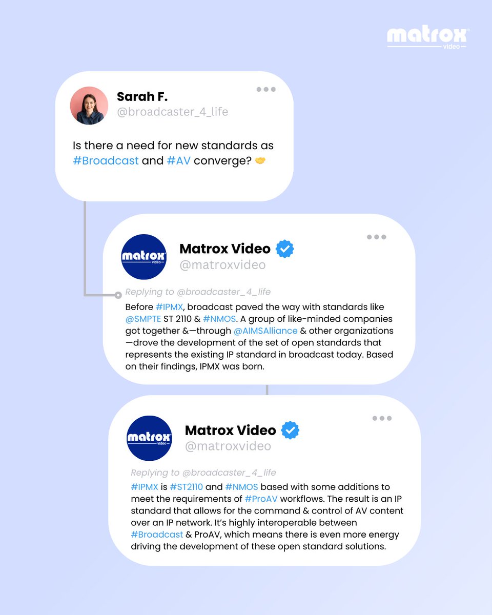 MatroxVideo's tweet photo. Have #IPMX questions?

We've got answers. ✅

Check out our guide for further info: https://t.co/c1v3hLF5O5 https://t.co/IQA4sgdBem
