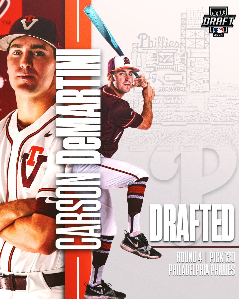 HokiesBaseball's tweet photo. 𝙍𝙞𝙣𝙜 𝙩𝙝𝙚 𝙗𝙚𝙡𝙡, 𝘾𝘿 🔔

@CarsonDemartini leads off Virginia Tech's 2024 draft class with his selection during the 𝟒𝐭𝐡 round at 𝐍𝐨. 𝟏𝟑𝟎 overall by the Philadelphia #Phillies

#ProHokies 🦃⚾️ https://t.co/GgzThNiyHv