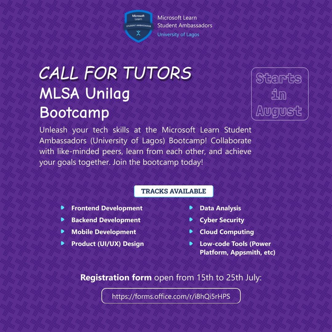 mlsa_unilag's tweet image. URGENT CALL FOR TUTORS!

Join the MLSA UNILAG Community Bootcamp as a Tutor!

Are you passionate about sharing your tech expertise with others? Do you want to contribute to the growth of our vibrant tech community? We need experienced tutors like you!🫵
