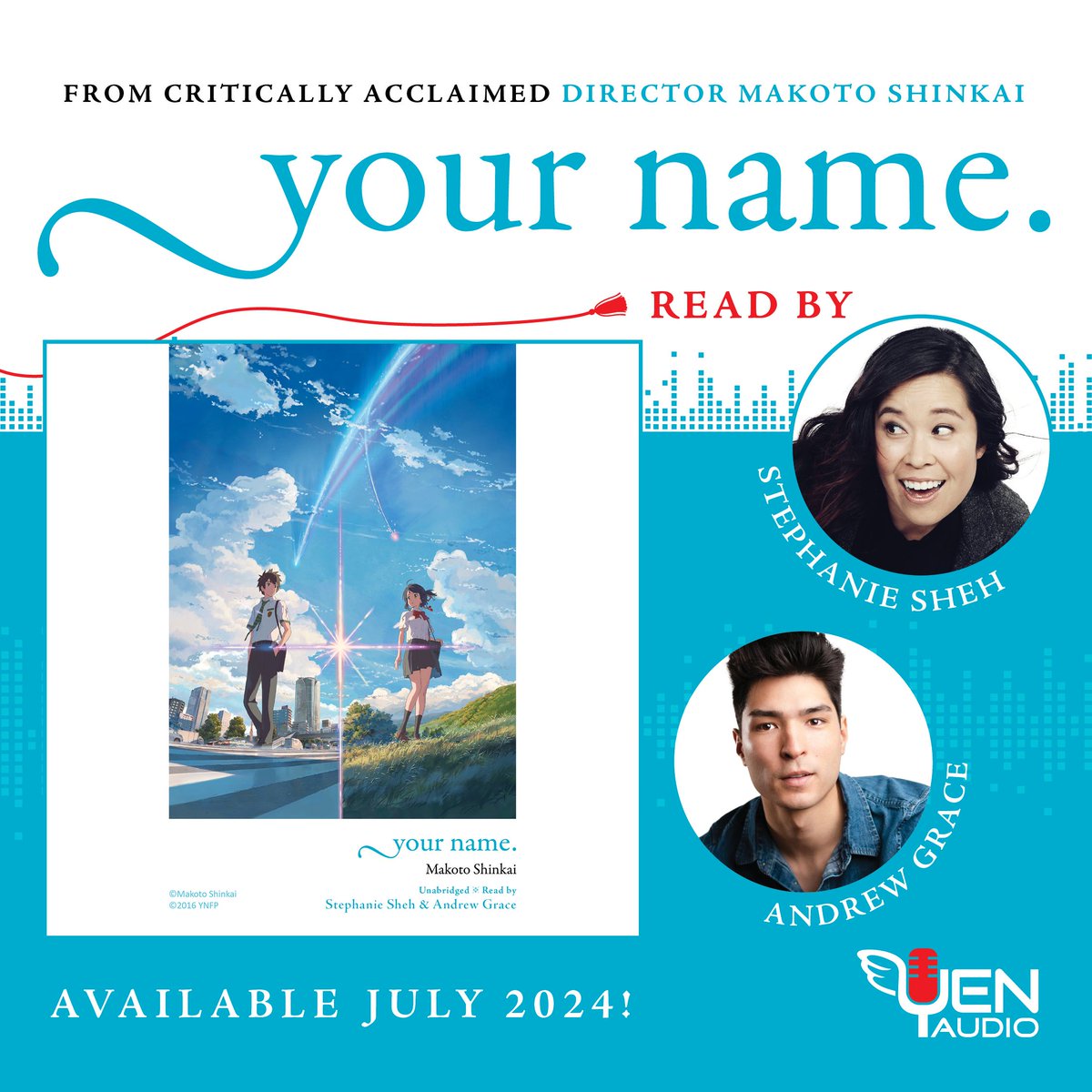 Narrated by the wonderful Stephanie Sheh (<a href="/stephaniesheh/">Stephanie Sheh</a>) and Andrew Grace (<a href="/andrew__grace/">Andrew Grace</a>), relive the magic of a connection that transcends space and time with the your name. audiobook! 🎧 

your name. (audiobook) is available July 16th! buff.ly/3OykVtc