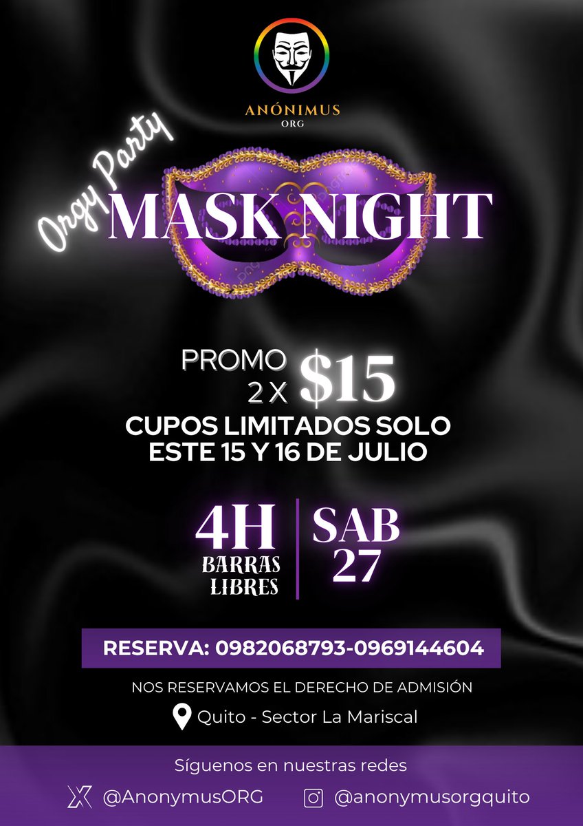 Sariel_MB_Shop's tweet photo. Se llena la casa de ANÓNIMUS ORG
- Aprovecha la promo 2 x $15 este 15 y 16.
- Cupos Limitados. 

DESDE LAS 20H00PM🥳🎭
🤚🏼NOS RESERVANOS EL DERECHO DE ADMISIÓN🤚🏼

RESERVA: +593982068793

@Durangofi219
@DiazFrankc33
@Sariel_MB_Shop
@Flacoxxxvers
@Vascone8Enrique https://t.co/RvheoCgW0x