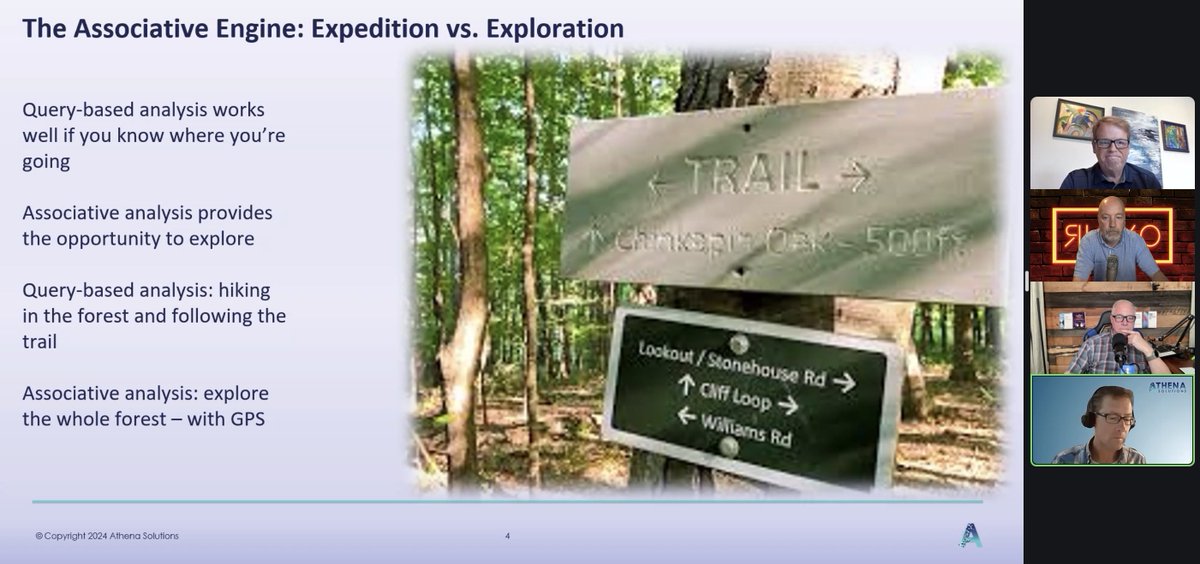 eric_kavanagh's tweet image. &quot;Query-based analysis is good when you know where you&apos;re going; but associative analysis is like exploring the whole forest with a map or GPS!&quot;

Great analogy by Aaron Wilson of Athena Solutions now in our #InsideAnalysis virtual summit! Excellent metaphor. I&apos;m gonna steal it!