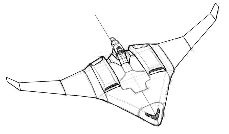 Kyde's tweet photo. @FansprojectFan I was looking for a befitting Earth mode vehicle for Scourge, and the engine nacelles jutting up from the back on the X-48B mockup reminded me of his original G1 design's weird head detail. I sketched up an idea of what it would look like with just one external nacelle: https://t.co/FXS7ZVO68i