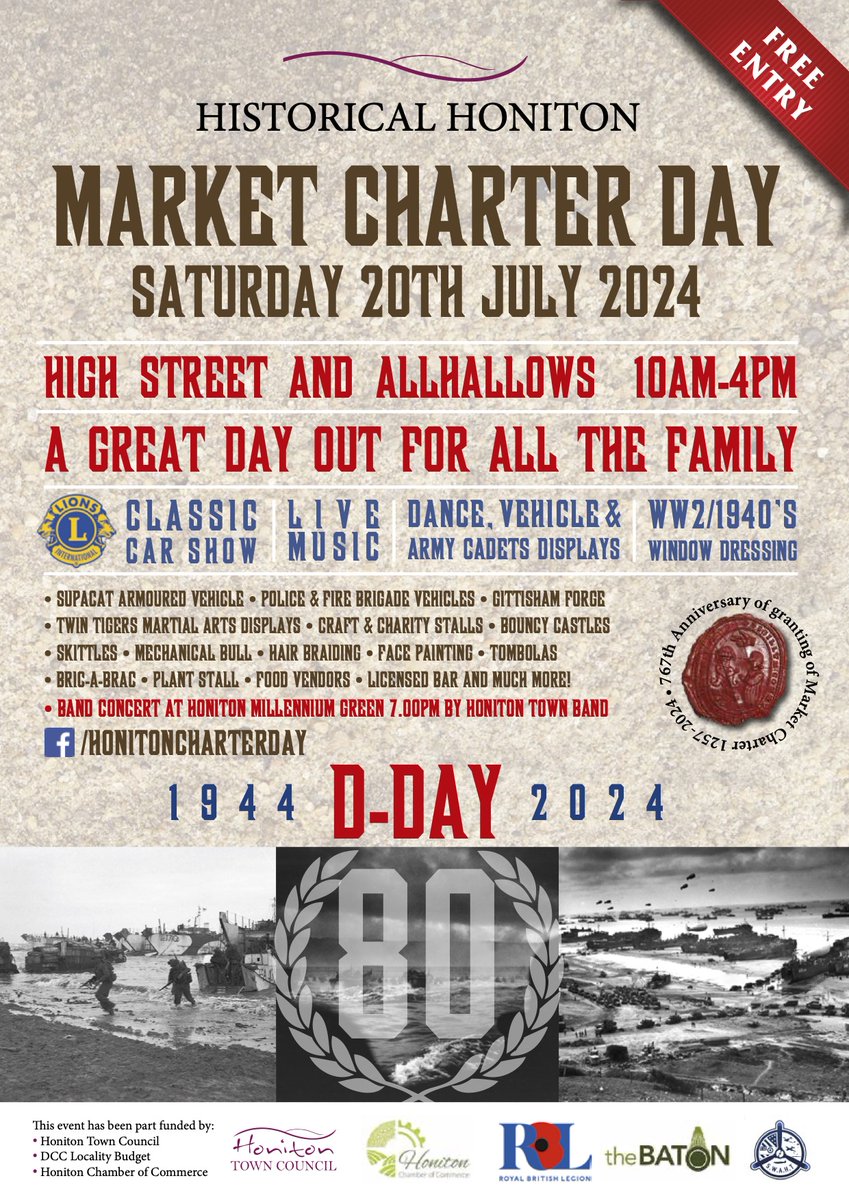 Many years ago Honiton was given a Royal Charter to hold a Street Market and True Honitonians celebrate this Royal Gift every year.