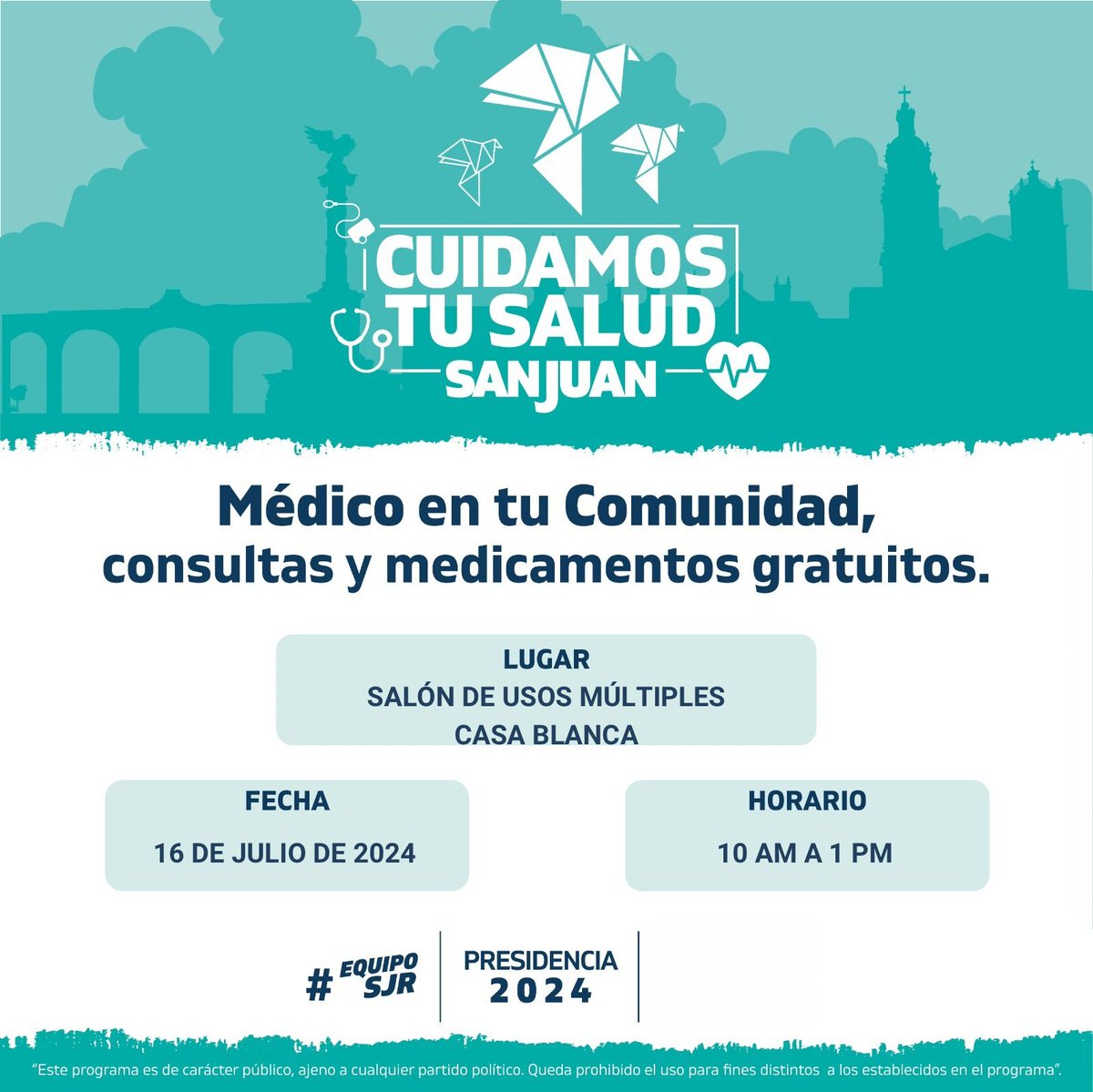 PresidenciaSjr's tweet photo. 👉 Te invitamos a recibir consultas y medicamentos con "Médico en tu Comunidad". Asiste este martes 16 de julio, de 10 AM a 1 PM, y aprovecha este servicio para cuidar de tu salud. #EquipoSJR #Presidencia2024 🩺 https://t.co/5WCX0qqvW8