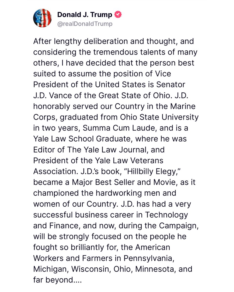 bennyjohnson's tweet image. BREAKING: Donald Trump chooses JD Vance as his Vice President