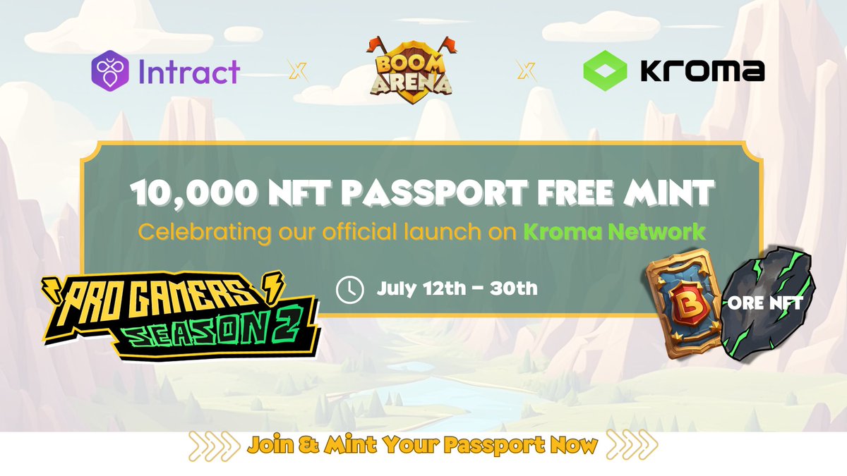 BoomArena_xyz's tweet photo. Don’t miss BoomArena x Pro Gamer 2 Kroma
🌟 Boom Arena on Kroma Mainnet: Launch Day!

Season 2 with Pro Gamers powered by @IntractCampaign & @kroma_network

Get your FREE NFT Mint Pass & ORE Airdrop now!

Join the action: https://t.co/0jeTXnmn4n

#BoomArena #Kroma #ProGamers #FreeMint #NFT