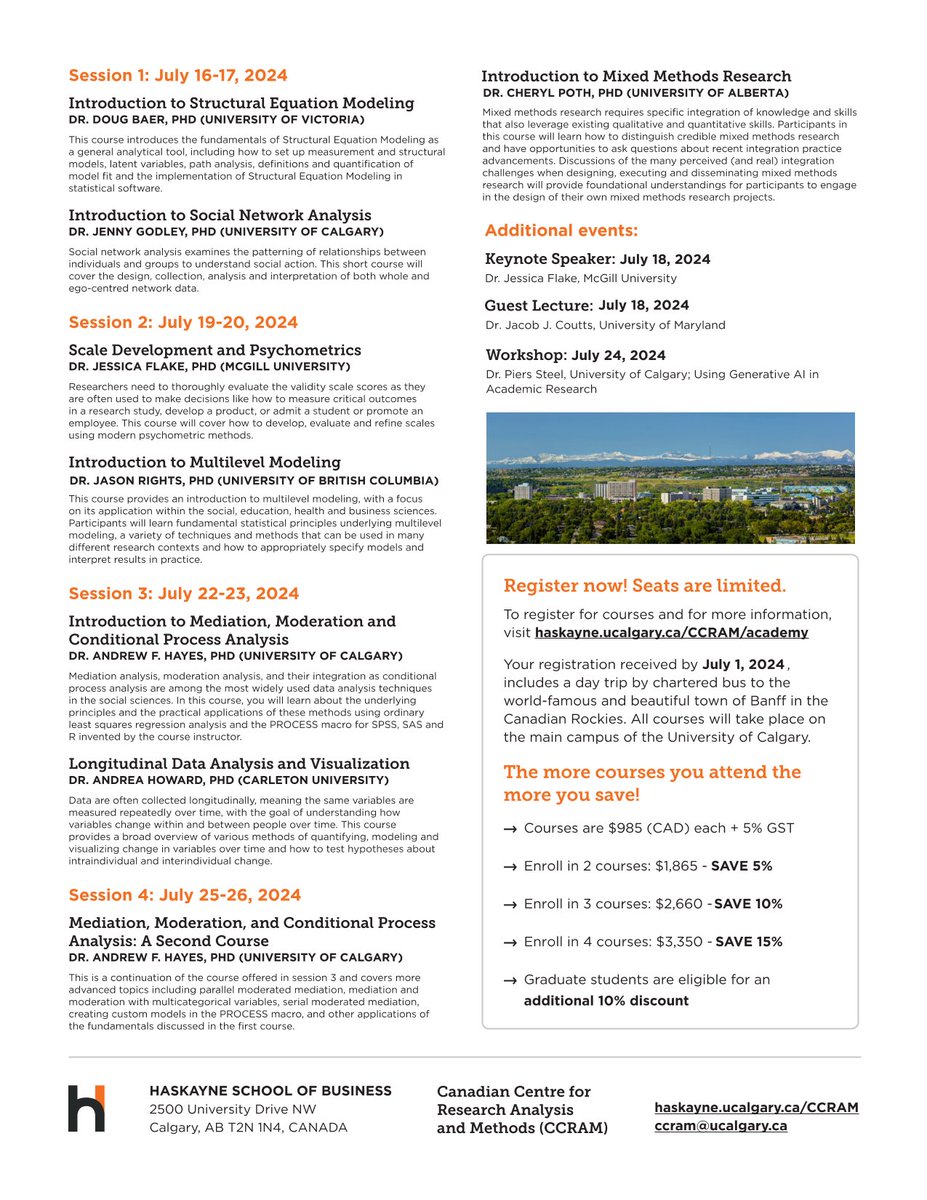 Rocky Mountain Methodology Academy 2024 kicks of tomorrow <a href="/UCalgary/">U Calgary</a> <a href="/HaskayneSchool/">Haskayne School of Business</a>
Looking forward to welcoming everyone! Though only a few seats remain, it is still not too late to enroll in sessions 2, 3 and/or 4. haskayne.ucalgary.ca/ccram/academy   #rmma2024