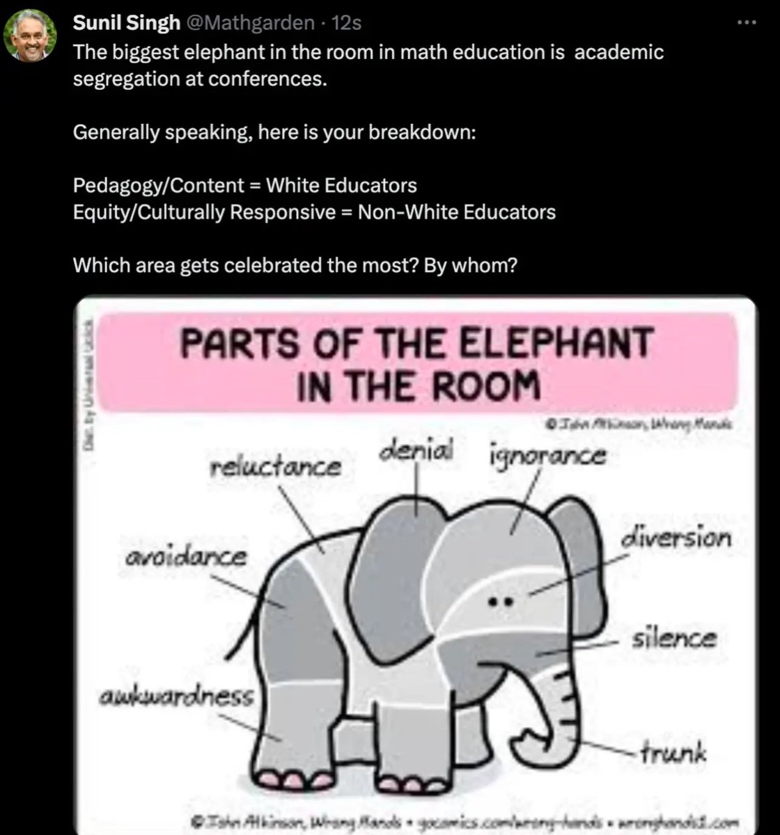 Mathgarden's tweet photo. @CAMT_TX @NCTM @MathEdLeaders 
Talking about equity in inequitable environments is so math Ed in 2024. https://t.co/r94w4XJFaY