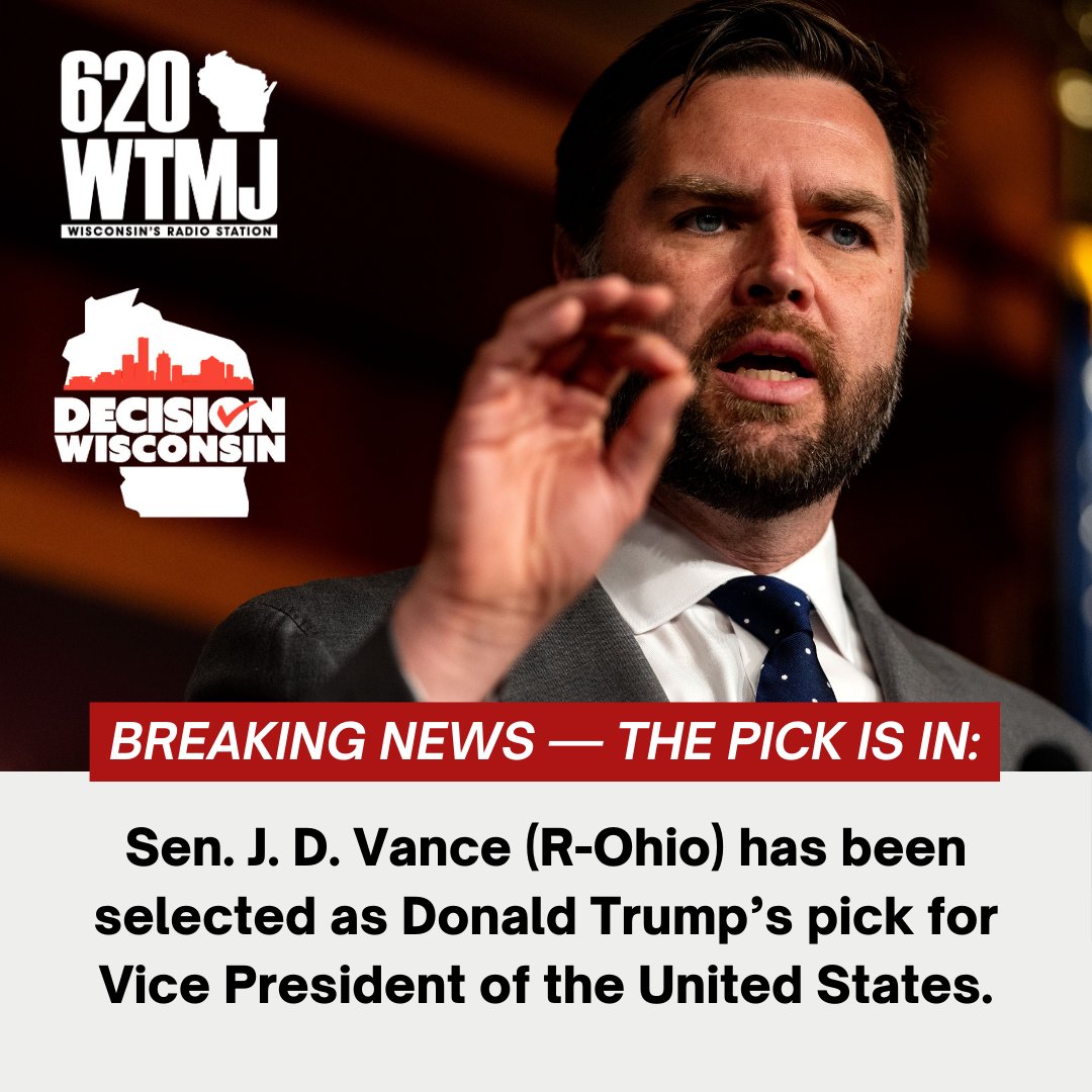 JUST IN: J.D. Vance (R-Ohio) will be Donald Trump's running mate.

Decision Wisconsin coverage is presented by Pasternak &amp; Zirgibel. #WTMJatRNC