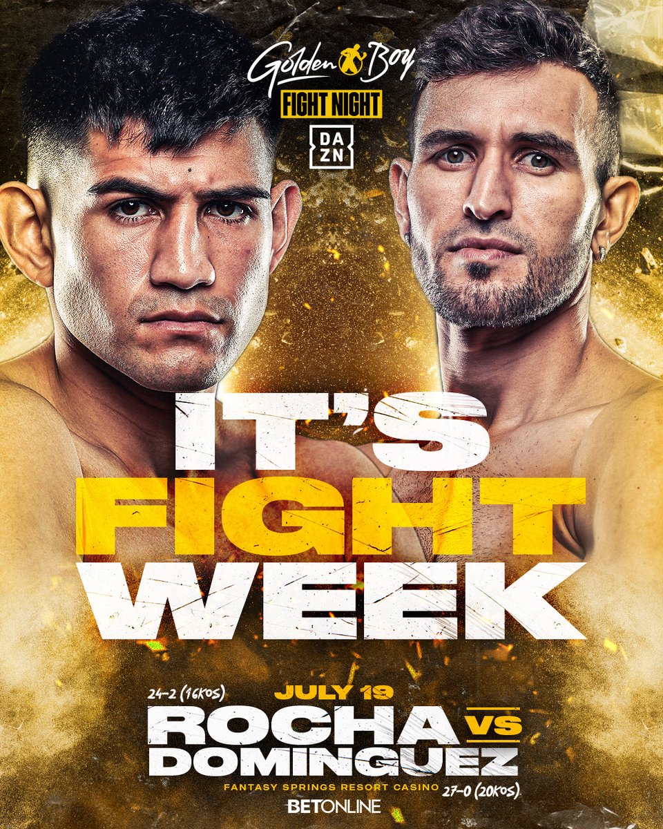 GoldenBoyBoxing's tweet photo. We're bringing the 𝐅𝐫𝐢𝐝𝐚𝐲 night action to the desert! #𝐆𝐨𝐥𝐝𝐞𝐧𝐁𝐨𝐲𝐅𝐢𝐠𝐡𝐭𝐍𝐢𝐠𝐡𝐭 returns to Fantasy Springs this week!

#RochaDominguez | LIVE on DAZN July 19 https://t.co/iWhJ2ibl9e