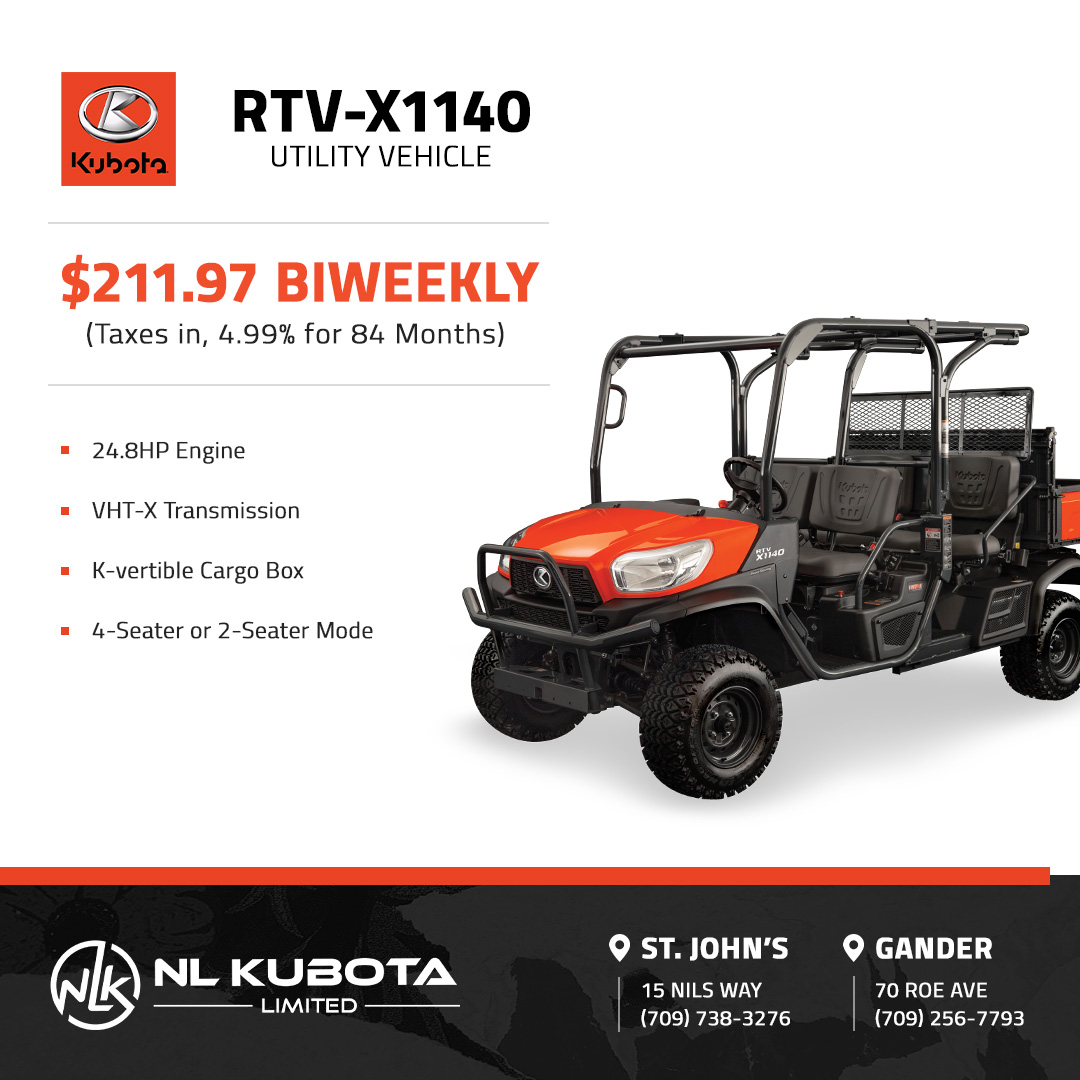 Ready for a utility vehicle that works as hard as you do? Meet the RTV-X1140 – the peak of versatility!

📍 15 Nils Way, St. John's
📲  709-738-3276

📍 70 Roe Ave, Gander
📲 709-256-7793