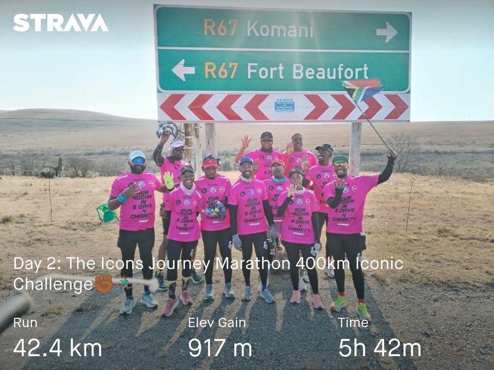 LukhanyoZ's tweet photo. Day 2 of 8 (84.6km of 400km) completed!😁💪🏾
Today was dedicated to all those affected by Cancer!💖
Nkonkobe hills were dealt with, by the Icons class of 2024, incl. the 15km non-stop climb from the start.😅
#CancerMustFall💞
#icons4change❤️
#runtoendhunger
#400kmiconicchallenge24 https://t.co/rH3sqcgeS3