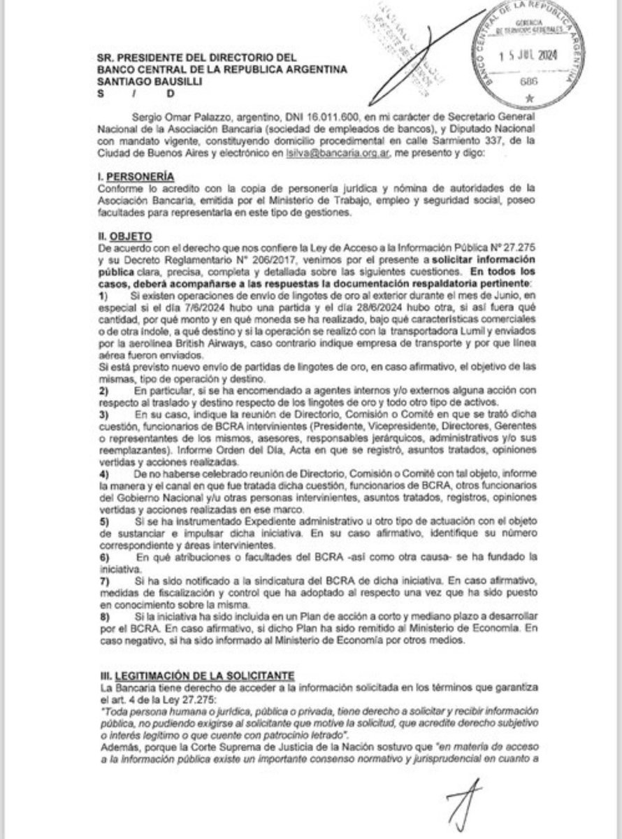 MariaesPueblo's tweet photo. ORO ESFUMADO 
Milei está vaciando las reservas de oro del Banco Central de la Argentina y se las lleva al extranjero. El Diputado Nacional @SergioOPalazzo elevó un urgente pedido de Información Pública y denuncia dos fechas: 7/6 y 28/6. 
Será un programa para la región? https://t.co/9VkRzkAPKa