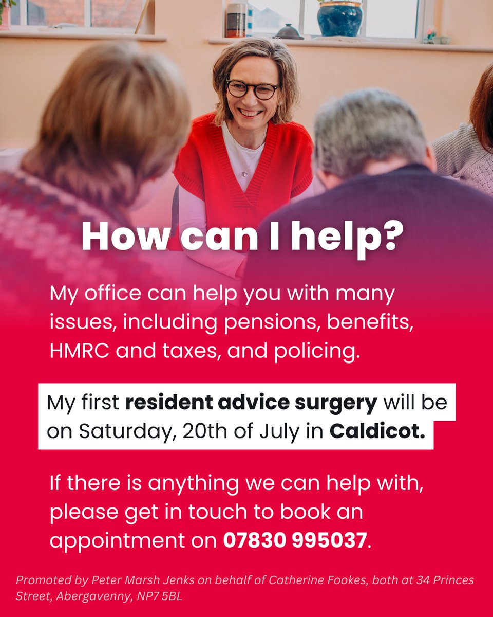 CatherineFookes's tweet photo. I am holding my very first advice surgery this Saturday, 20th of July, in #Caldicot. 

If there is anything I can help with, please get in touch to book an appointment on 07830995037. Please leave a message with your name, tel and address, and I will get back to you asap. 📞 https://t.co/Pu7xRD4WRm