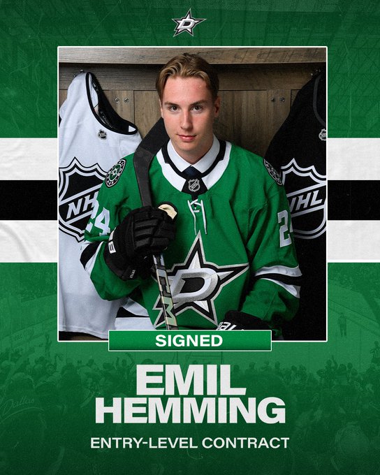 Signed: Emil Hemming, Entry-level contract 

Photo of Emil from the NHL Draft sitting in a locker room stall with NHL jerseys behind him while wearing his Stars jersey and holding a hockey stick 