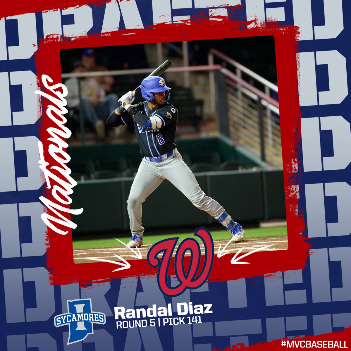 MVCsports's tweet photo. DRAFTED‼️

Randal Diaz of @IndStAthletics is selected in the 5th round at pick 141 to the @Nationals‼️

#MLBDraft24 | #MVCBaseball https://t.co/OuKw7JtLNr