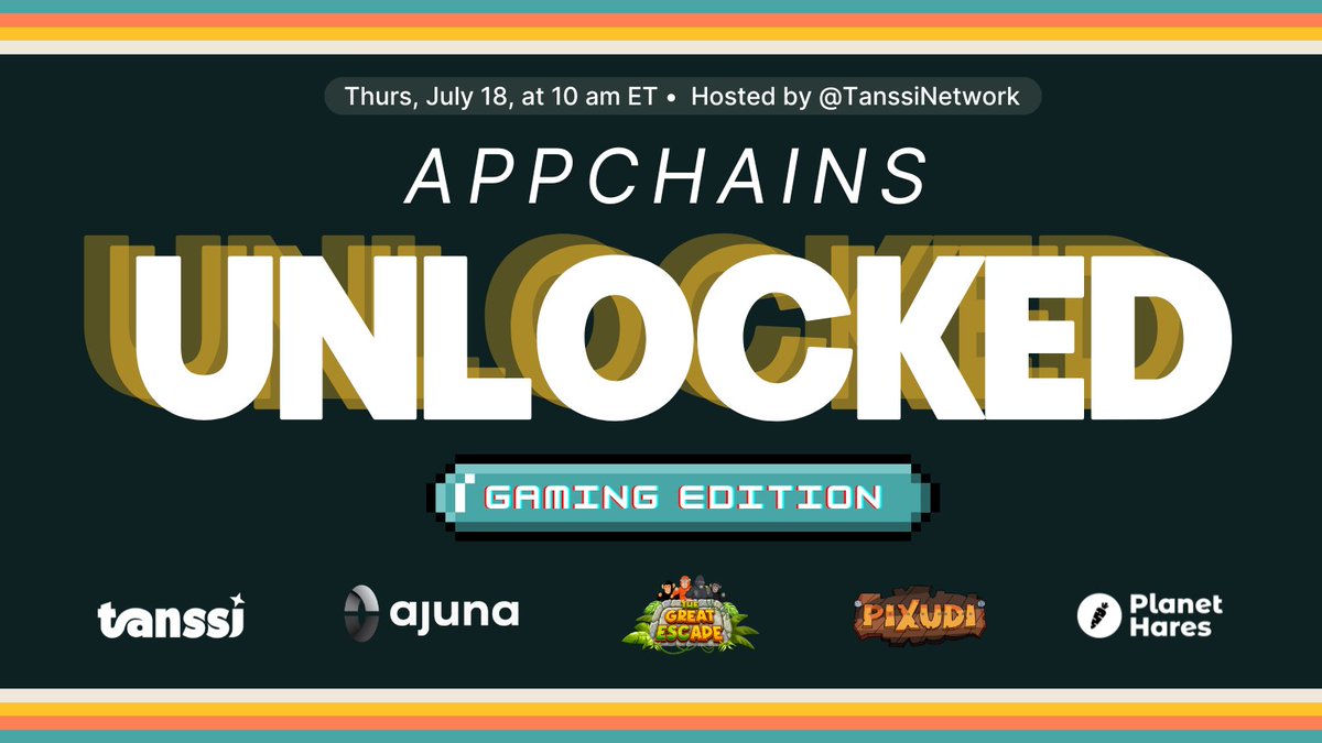 Tanssi (@tanssinetwork) on Twitter photo Get ready for the second event in Appchains Unlocked by Tanssi: Gaming Edition! 🎮
The #TanssiUnlocked series continues, focusing on how appchains are reshaping Web3 gaming. 🪩 Featuring <a href="/PlayTGE/">🎮 THE GREAT ESCAPE (Open Beta)</a>, <a href="/AjunaNetwork/">Ajuna Network</a>, <a href="/0xhares/">Planet Hares | "Nobody Jackpot" Beta Testing</a>, and <a href="/thepixudi/">Pixudi</a>, explore how these projects are Get ready for the second event in Appchains Unlocked by Tanssi: Gaming Edition! 🎮
The #TanssiUnlocked series continues, focusing on how appchains are reshaping Web3 gaming. 🪩 Featuring <a href="/PlayTGE/">🎮 THE GREAT ESCAPE (Open Beta)</a>, <a href="/AjunaNetwork/">Ajuna Network</a>, <a href="/0xhares/">Planet Hares | "Nobody Jackpot" Beta Testing</a>, and <a href="/thepixudi/">Pixudi</a>, explore how these projects are