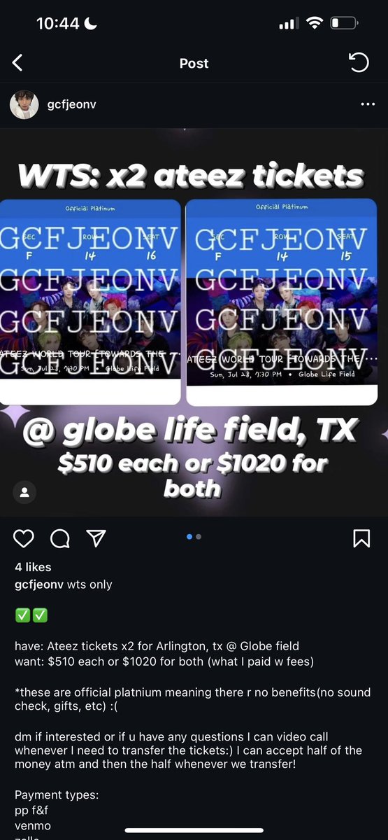 WTS ATEEZ ARLINGTON 
In section 108 
And floor F 

I am helping a friend sell them, feel free to  dm me or her @ is in the pictures + prices
