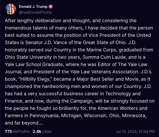 DisputeDome's tweet photo. Donald Trump announces that Senator J.D. Vance is his VP pick. https://t.co/jcXhuRn9rC