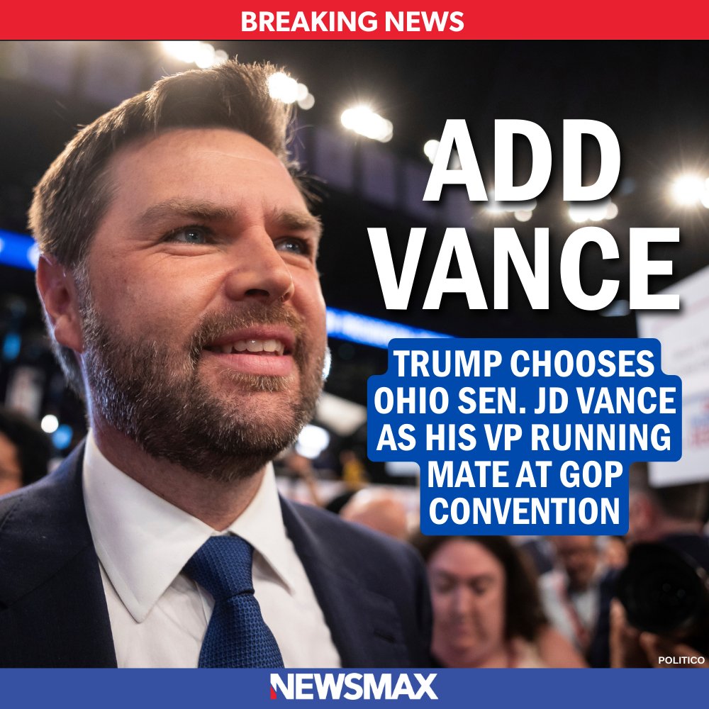 NEWSMAX's tweet photo. VANCE IS THE VP: Ohio Sen. JD Vance has been selected by former President Donald Trump as his running mate for the 2024 presidential election. Vance is the first millennial to join a major-party ticket.  

This is a developing story. Visit https://t.co/W2FntFxb2d for updates. https://t.co/ii0JzbR9GC