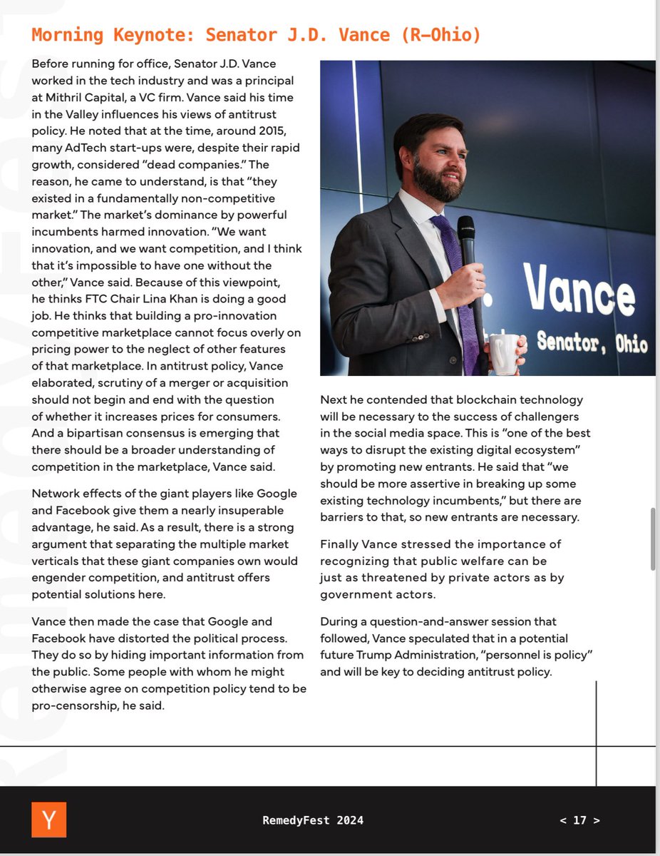 lutherlowe's tweet photo. Fun fact: @JDVance1 was a keynoter at @ycombinator’s first policy event in DC, #RemedyFest, held earlier this year. 

Here is the summary of his remarks &amp; more about that event: https://t.co/vaeS0QexEA