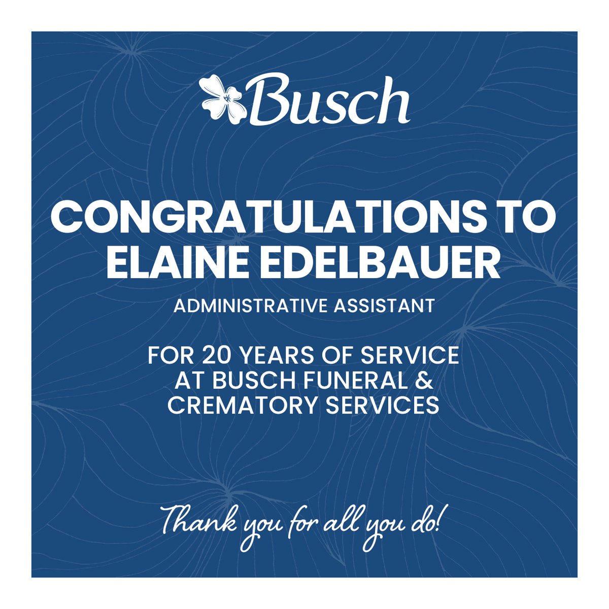 buschcares's tweet image. Happy 20th Work Anniversary to Administrative Assistant Elaine Edelbauer! 🎉 Elaine is an essential member of our team who brings thoughtfulness and care to everything she does. Please leave your congratulations for Elaine in the comments below. #congrats #workversary