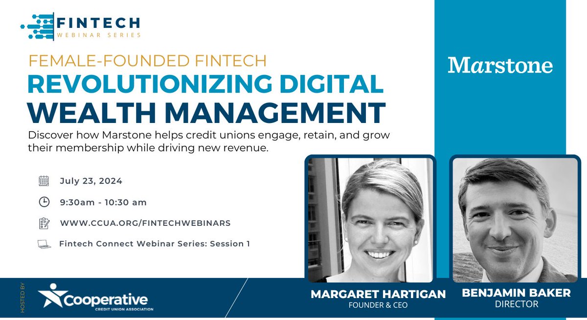 CooperativeCUA's tweet image. Keep the conversation going! Join the Fintech Connect #WebinarSeries, highlighting one #fintech each week, July 23-Sept 2, 2024.

👩‍💻 Kick off with @MarstoneInc, a #femalefounded fintech equalizing finance for all. buff.ly/3WniFsX

👉 Explore more: ccua.org/fintechwebinars