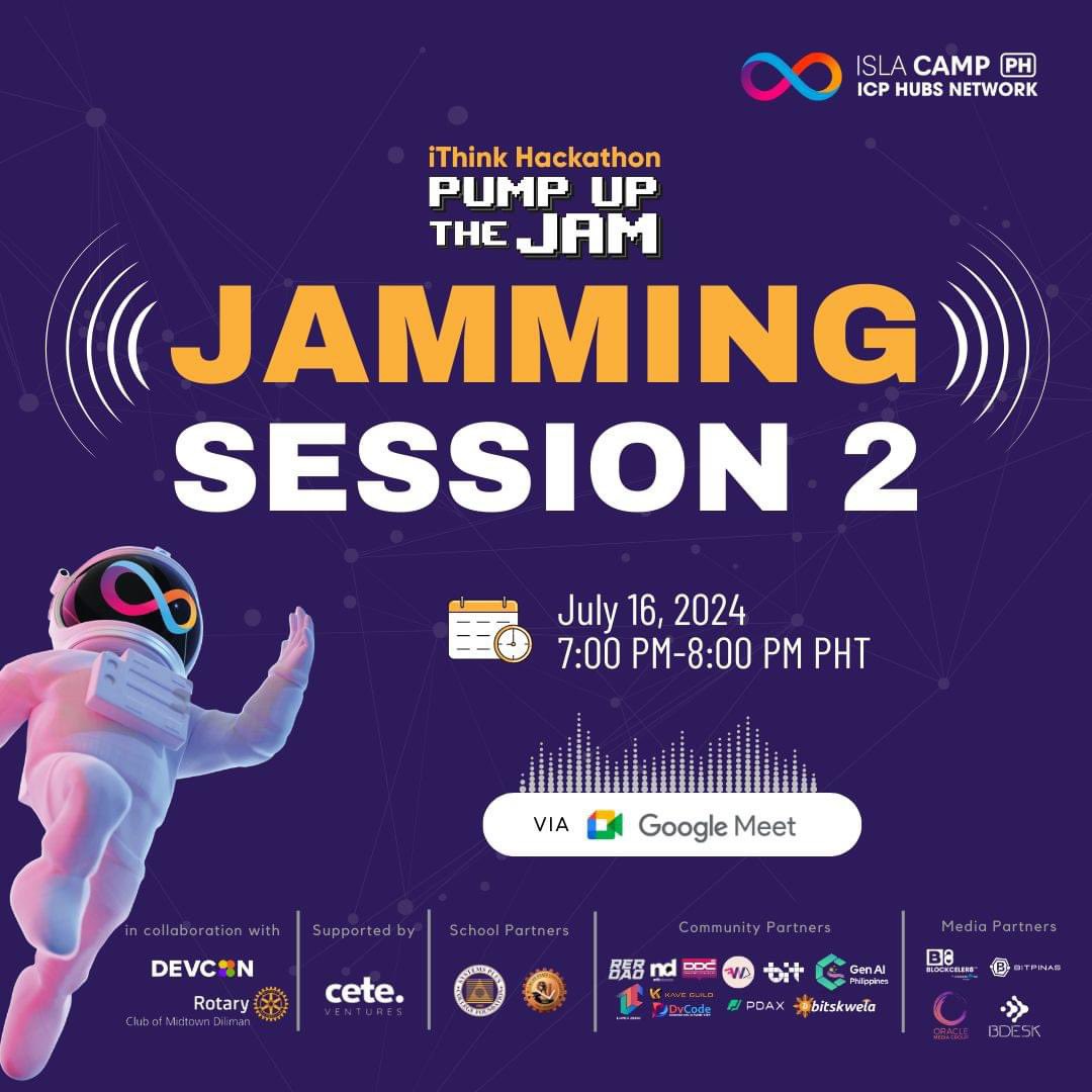 icphub_PH's tweet photo. Get ready for Jamming Session 2 of the #iThinkHackathon: 𝐏𝐮𝐦𝐩 𝐮𝐩 𝐭𝐡𝐞 𝐉𝐚𝐦! 🚀 Join us tomorrow for another round of creativity, collaboration, and innovation. 🌟

Our first session was a blast, and we can't wait to see what you bring to the table this time. Let’s code, create, and jam together! 💻

Stay tuned for live updates and highlights from our talented teams!

Note: teams need to be registered to join in on the Jam sessions. 

Register now: https://t.co/yizCV6Nmb0

#ICPHubs #BuidlTheWorld #ICPHubPH