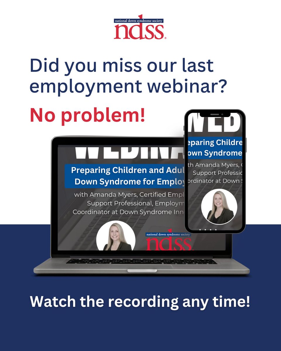 Did you miss our latest employment webinar, 𝘗𝘳𝘦𝘱𝘢𝘳𝘪𝘯𝘨 𝘊𝘩𝘪𝘭𝘥𝘳𝘦𝘯 𝘢𝘯𝘥 𝘈𝘥𝘶𝘭𝘵𝘴 𝘸𝘪𝘵𝘩 𝘋𝘰𝘸𝘯 𝘚𝘺𝘯𝘥𝘳𝘰𝘮𝘦 𝘧𝘰𝘳 𝘌𝘮𝘱𝘭𝘰𝘺𝘮𝘦𝘯𝘵, with Amanda Myers? No problem! Watch the recording anytime at ndss.org/resources/empl….