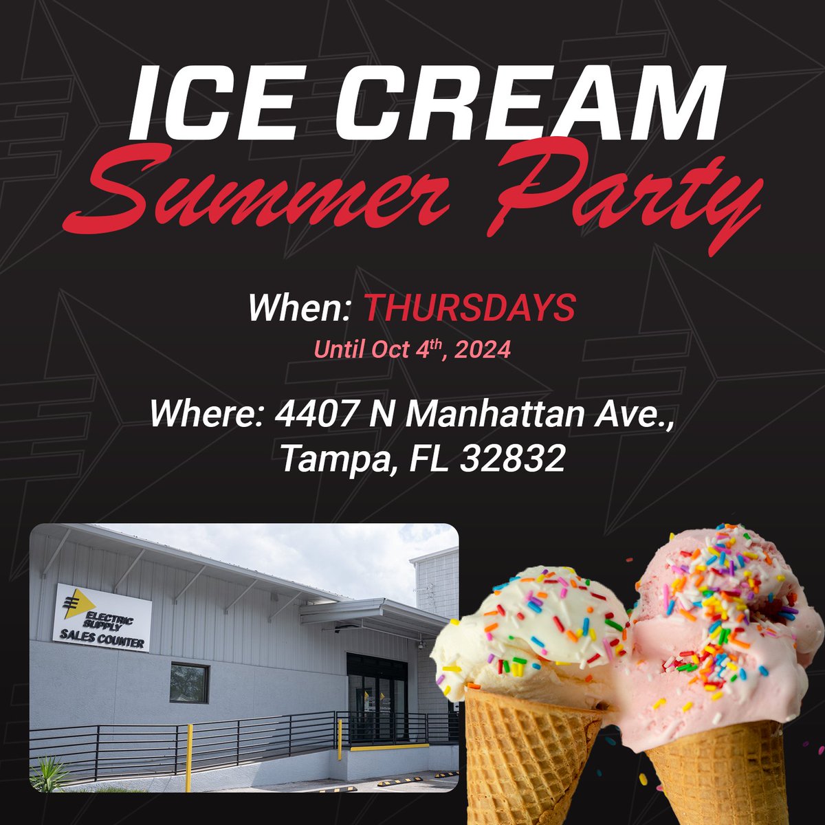 electricsupply_'s tweet photo. Beat the Summer heat! Stop by Electric Supply in Tampa for Ice Cream and other Frozen Treats every Thursday until Oct 4th. While supplies last. #IceCreamParty #Summer #Florida #IceCream https://t.co/2WvlW9xZj1