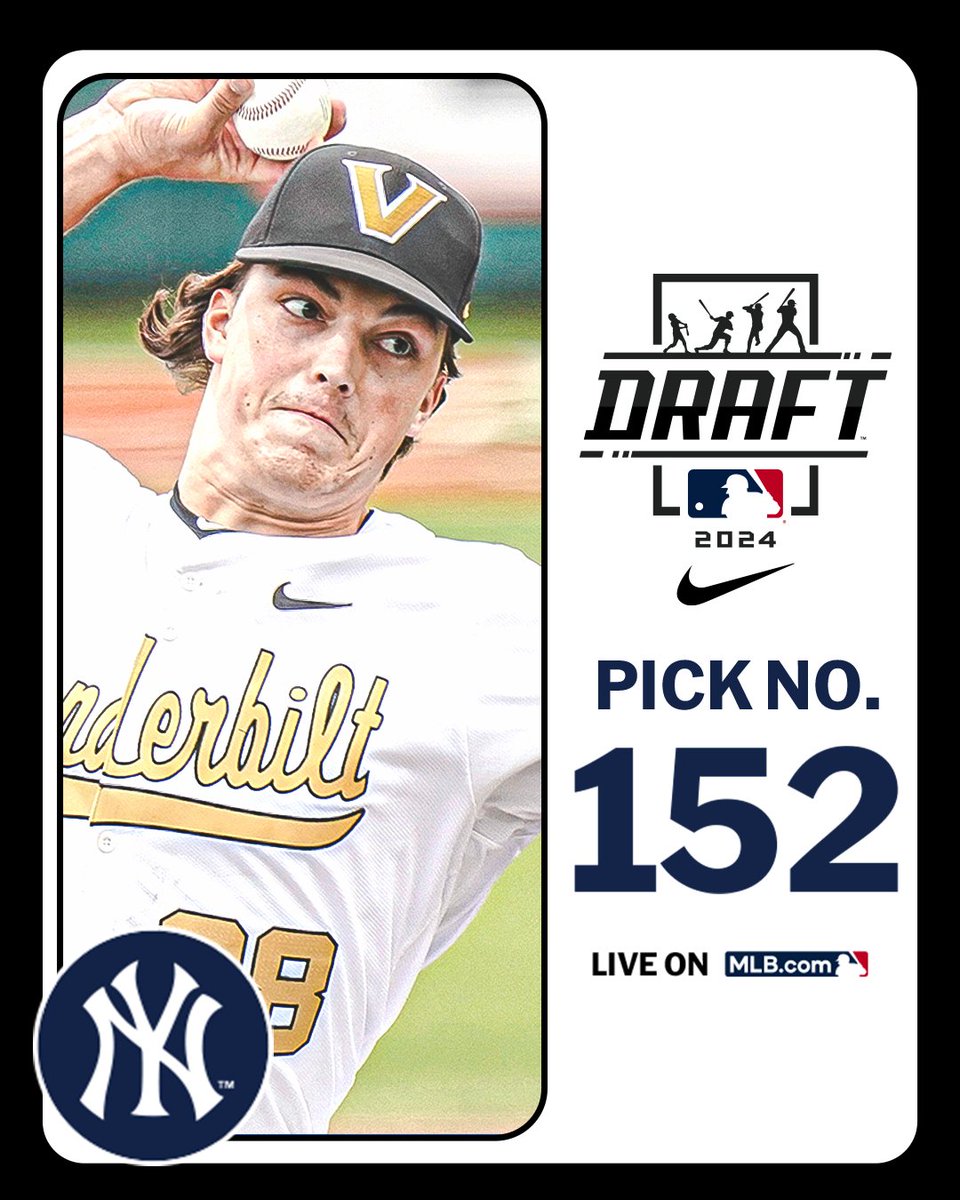 With their 5th-round pick (No. 152 overall), the <a href="/Yankees/">New York Yankees</a> select <a href="/VandyBoys/">Vanderbilt Baseball</a> right-handed pitcher Greyson Carter, No. 226 on the Top 250 Draft Prospects list.

Watch LIVE: atmlb.com/3zJ3gua